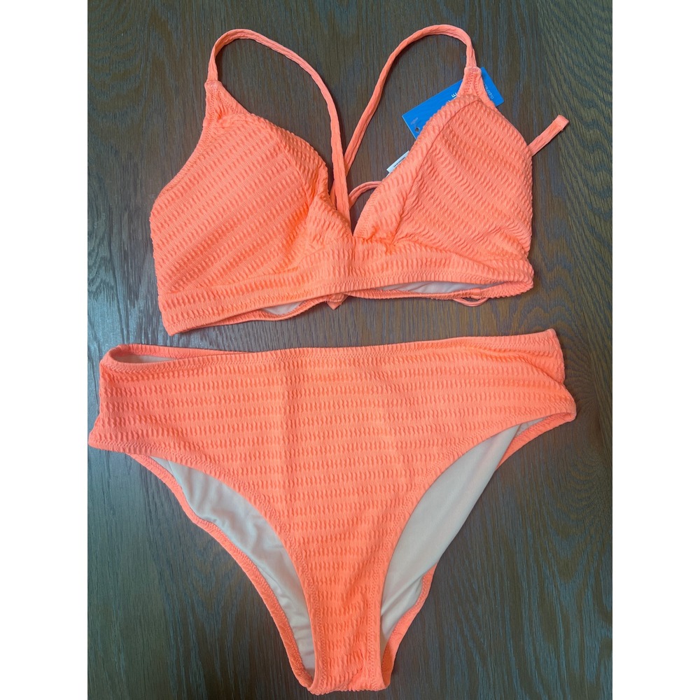 CUPSHE Neon Orange Smocked High Waisted Bikini Set L